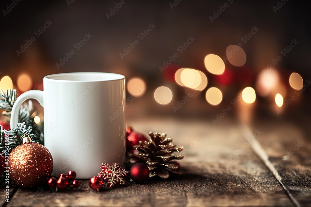 Cozy Christmas mug with festive decorations and warm lights Cozy Christmas mug with festive decorations and warm lights