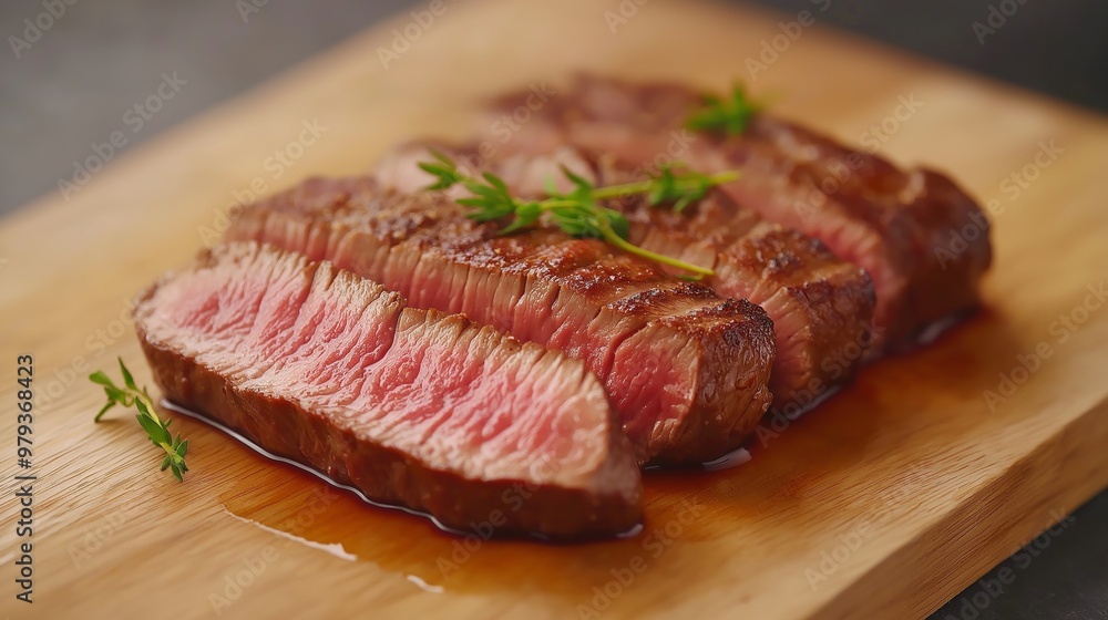 Juicy grilled steak sliced and garnished with fresh herbs on a wooden cutting board ready for serving at a dinner party. Juicy grilled steak sliced and garnished with fresh herbs on a wooden cutting board ready for serving at a dinner party.