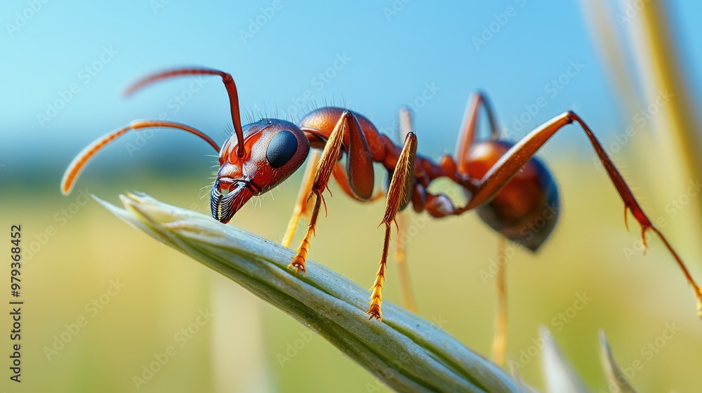 Naklejka premium Close-up of an ant on a green leaf, showcasing intricate details and vibrant colors in a natural setting.