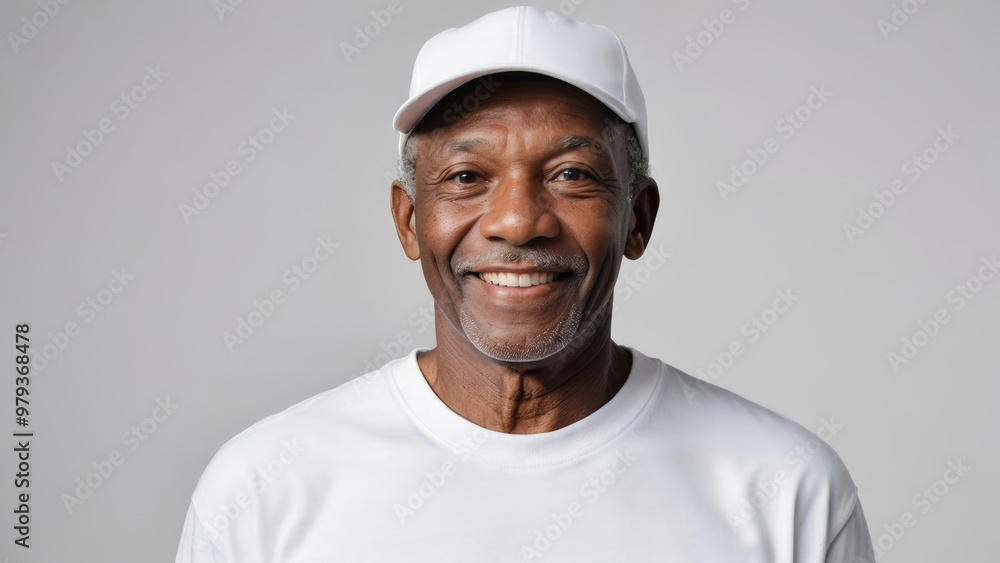 Senior black man wearing white t-shirt and white baseball cap isolated on grey background Senior black man wearing white t-shirt and white baseball cap isolated on grey background
