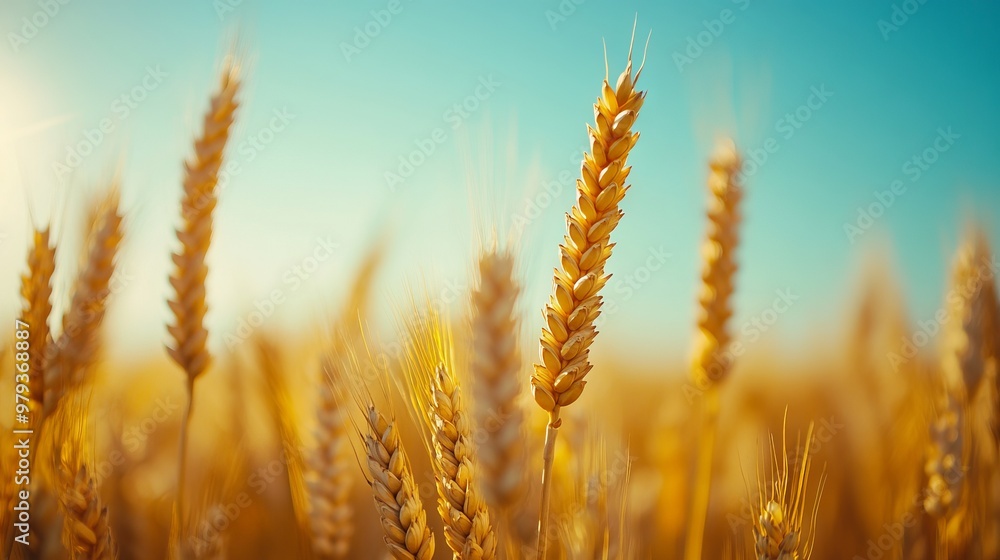 Fototapeta premium Golden Wheat Field with Blue Sky and Sunlight - AI generated illustration
