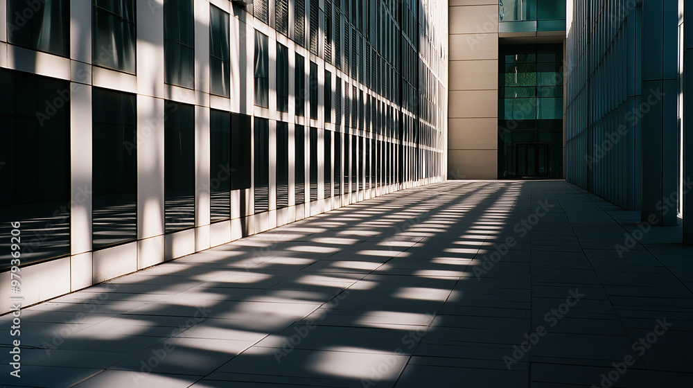 Sunlight creating geometric shadows on modern building facade Sunlight creating geometric shadows on modern building facade