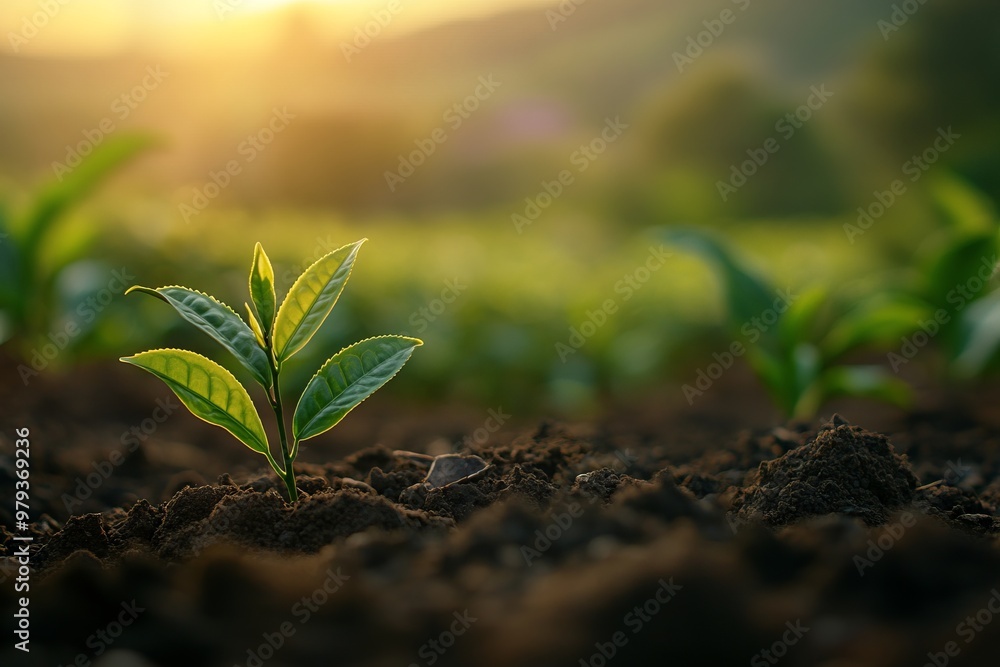 Green Tea Plant Sprouts Growing in Soil at Sunrise - AI generated illustration. Green Tea Plant Sprouts Growing in Soil at Sunrise - AI generated illustration.