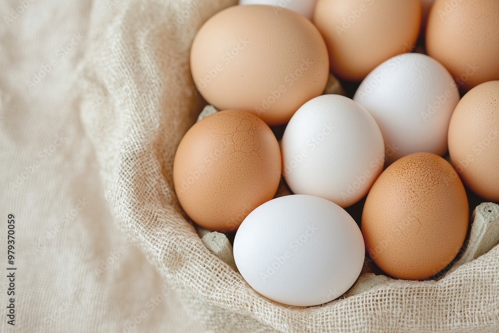Fresh assortment of brown and white eggs in a rustic woven basket, perfect for culinary or farm-themed projects. Fresh assortment of brown and white eggs in a rustic woven basket, perfect for culinary or farm-themed projects.