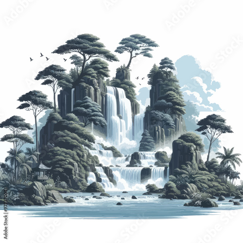 Vector of roaring waterfall in the forest