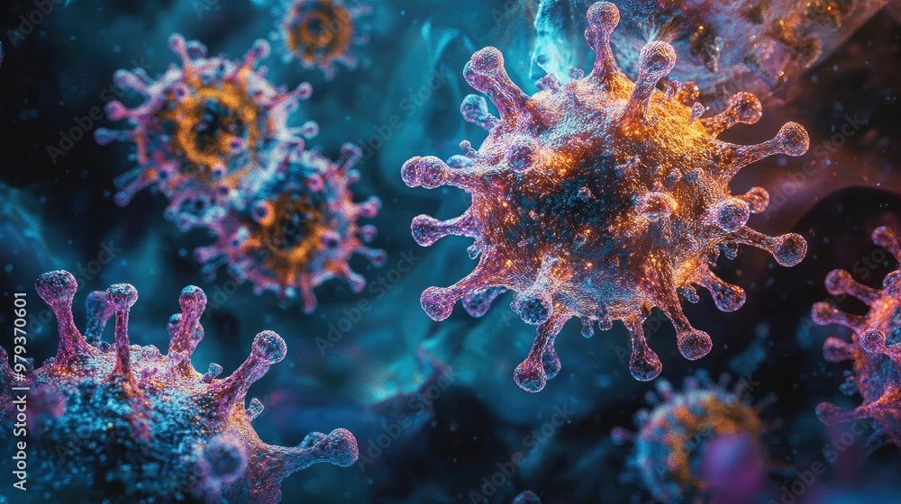 Detailed visualization of a virus in vibrant colors, showcasing its structure and complexity under a microscope. Detailed visualization of a virus in vibrant colors, showcasing its structure and complexity under a microscope.