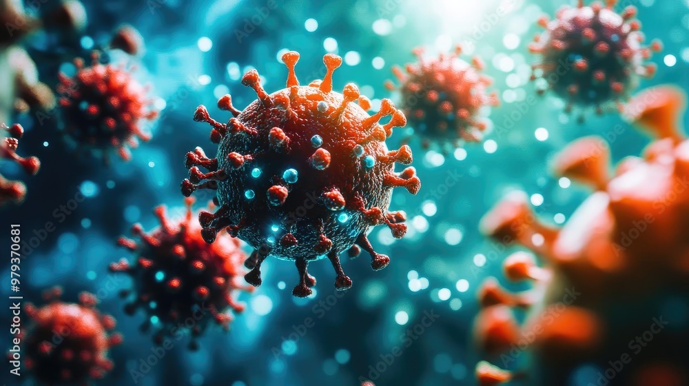 Close-up of a virus in a vivid, scientific style, showcasing intricate details amidst a vibrant background. Close-up of a virus in a vivid, scientific style, showcasing intricate details amidst a vibrant background.