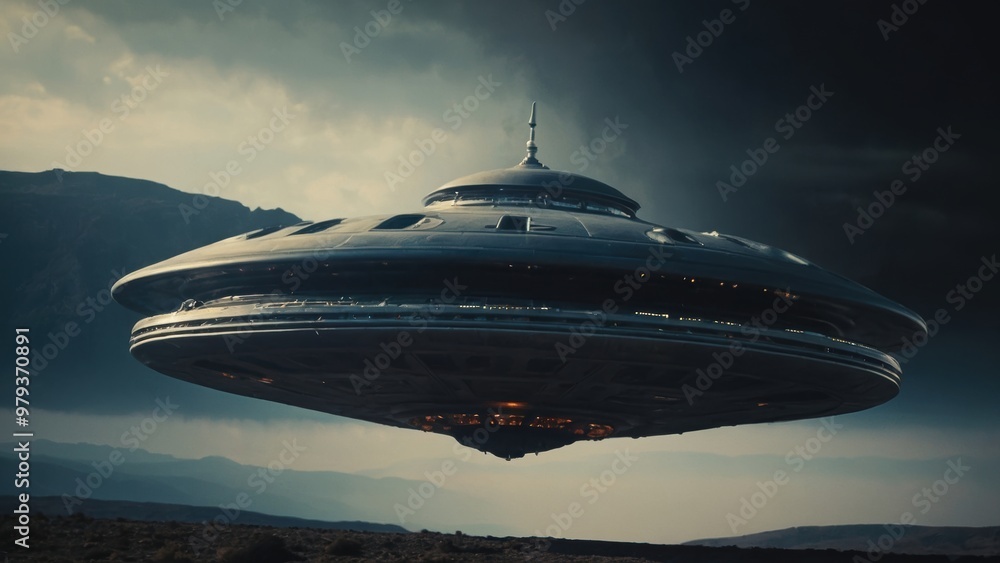 Obraz premium Alien makes an unforgettable arrival in a sleek flying saucer, creating excitement on Earth