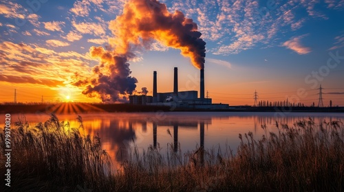 Industrial Power Plant at Sunrise with Emphasized Pollution and Sustainability Themes