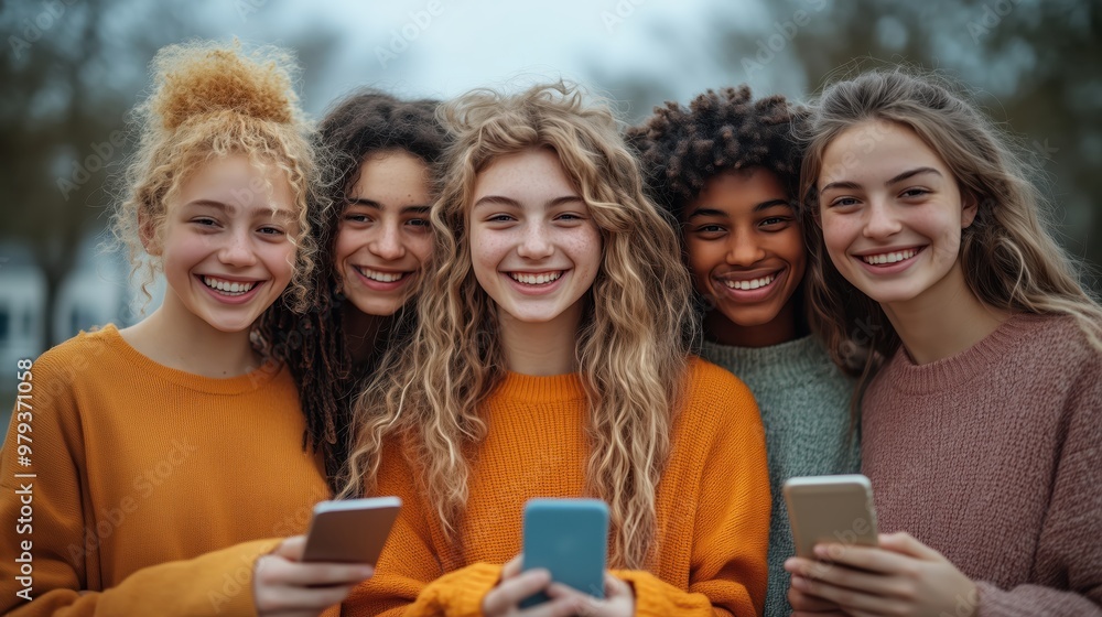 Group of Diverse Young Women Smiling and Using Smartphones Outdoors, Embracing Friendship and Connectivity Group of Diverse Young Women Smiling and Using Smartphones Outdoors, Embracing Friendship and Connectivity