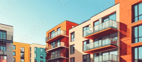 New residential buildings featuring windows and balconies Contemporary multifamily housing complex with outdoor amenities Mixed media