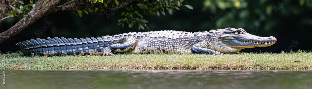 Fototapeta premium Side profile of a crocodile lounging on a grassy riverbank, half its body shaded by overhanging trees