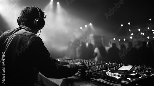 rear view of a dj mixing at great festival party , with crowd of people in background