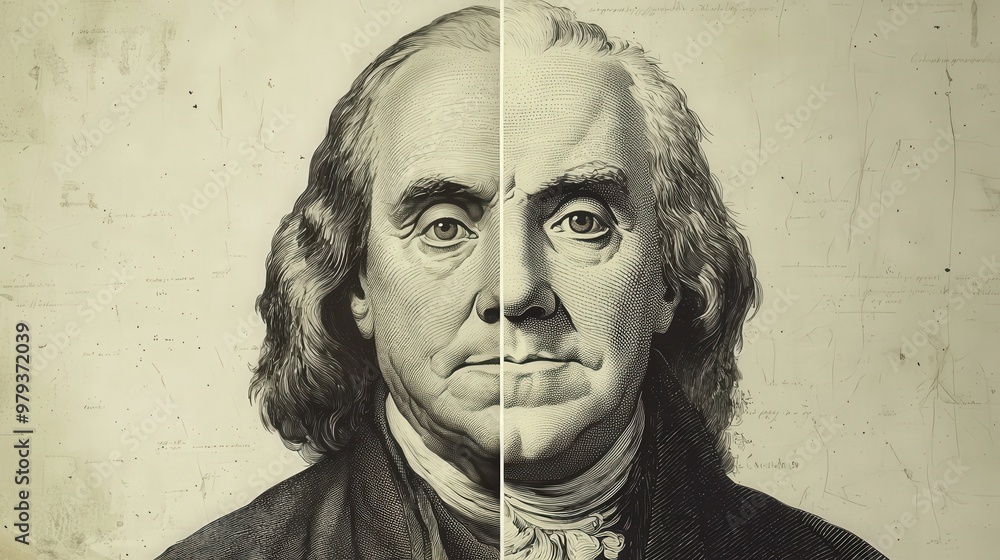 Fototapeta premium The artwork creatively juxtaposes two portraits of Benjamin Franklin, emphasizing his iconic features and contributions to history, rendered in a striking monochromatic style