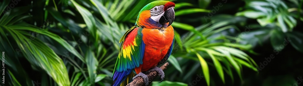 Fototapeta premium Vibrant parrot with multicolored feathers perched on a branch, surrounded by lush green rainforest foliage