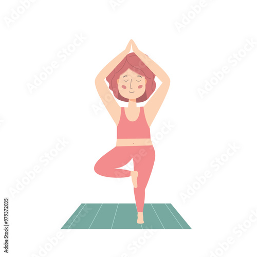 Yoga at home, young woman in yoga tree pose. Concept illustration for yoga vector illustration