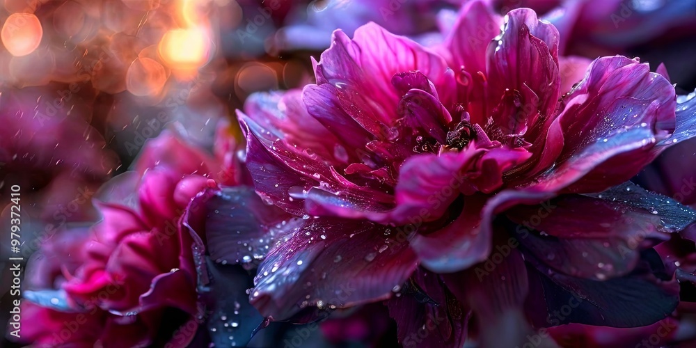 A close up of a purple flower with raindrops on it A close up of a purple flower with raindrops on it