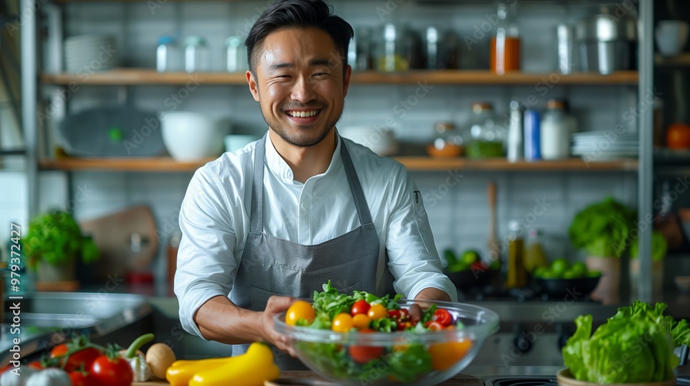 Smiling Chef in Modern Kitchen Holding Fresh Salad Bowl with Vegetables for Healthy Cooking and Culinary Art Excellence Smiling Chef in Modern Kitchen Holding Fresh Salad Bowl with Vegetables for Healthy Cooking and Culinary Art Excellence