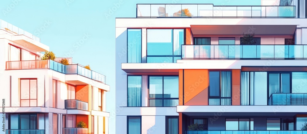 Contemporary apartment buildings featuring windows and balconies showcasing a modern complex design with outdoor facilities Mixed media style Contemporary apartment buildings featuring windows and balconies showcasing a modern complex design with outdoor facilities Mixed media style