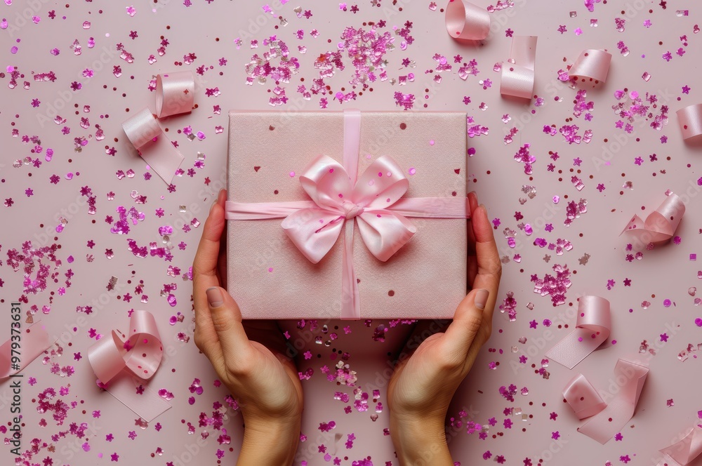 Top View of Pink Gift Box Held by Hands at Gender Reveal Party with Glitter and Ribbons Top View of Pink Gift Box Held by Hands at Gender Reveal Party with Glitter and Ribbons