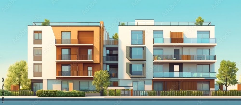 Contemporary apartment structures featuring windows and balconies A modern complex with outdoor amenities and diverse media elements Contemporary apartment structures featuring windows and balconies A modern complex with outdoor amenities and diverse media elements