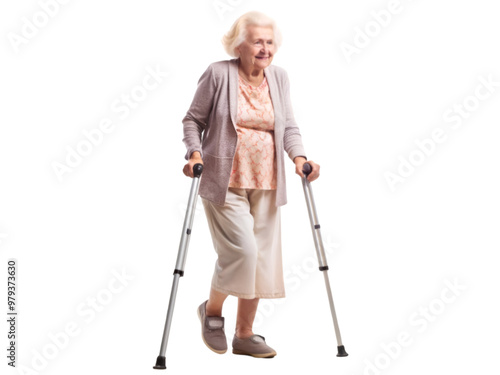 Old woman walking with crutches, isolated on transparent background