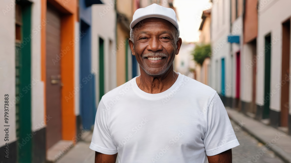 Senior black man wearing white t-shirt and white baseball cap standing in a city alley Senior black man wearing white t-shirt and white baseball cap standing in a city alley