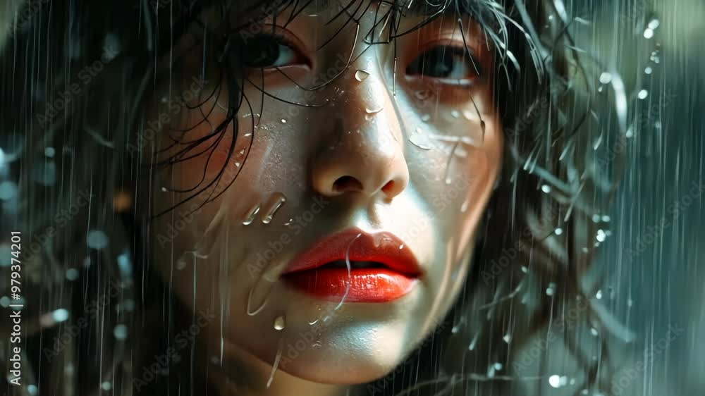 Captivating close-up of a young woman's face with rain falling on her in a vibrant city at dusk Captivating close-up of a young woman's face with rain falling on her in a vibrant city at dusk