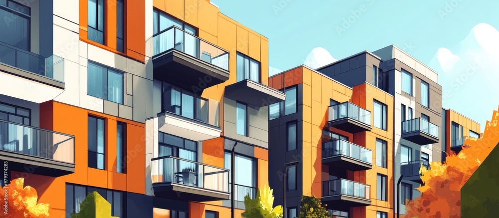 Modern apartment buildings featuring balconies and windows showcasing a contemporary architectural style with outdoor amenities in a mixed media presentation Modern apartment buildings featuring balconies and windows showcasing a contemporary architectural style with outdoor amenities in a mixed media presentation