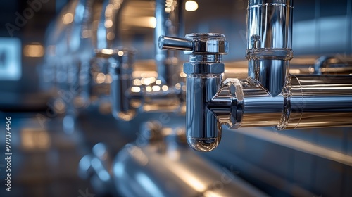 Close-up of modern chrome plumbing pipes in a commercial setting