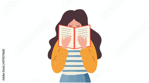 Teenage Girl Hiding Face Behind Book Flat Vector Illustration