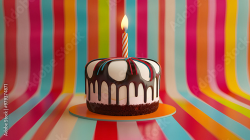 birthday cake with candles, Birthday cake with candle on colorful striped background.