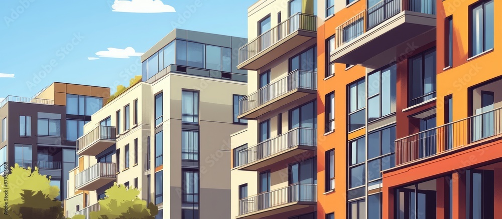 Modern apartment buildings featuring balconies and windows showcasing a contemporary residential complex with outdoor amenities Mixed media design highlights urban living Modern apartment buildings featuring balconies and windows showcasing a contemporary residential complex with outdoor amenities Mixed media design highlights urban living