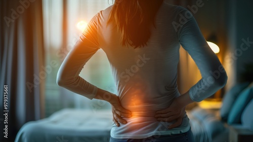 Woman Suffering From Back Pain in Bedroom with Sciatic Nerve Inflammation and Lower Back Discomfort