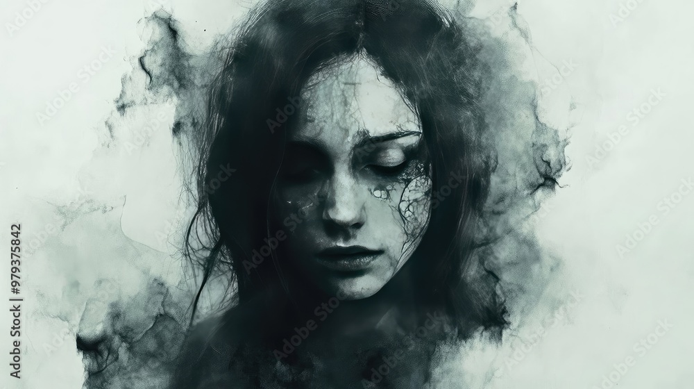 A haunting and ethereal portrait of a woman, wrapped in dark, swirling smoke, conveying emotions of mystery and introspection. A haunting and ethereal portrait of a woman, wrapped in dark, swirling smoke, conveying emotions of mystery and introspection.