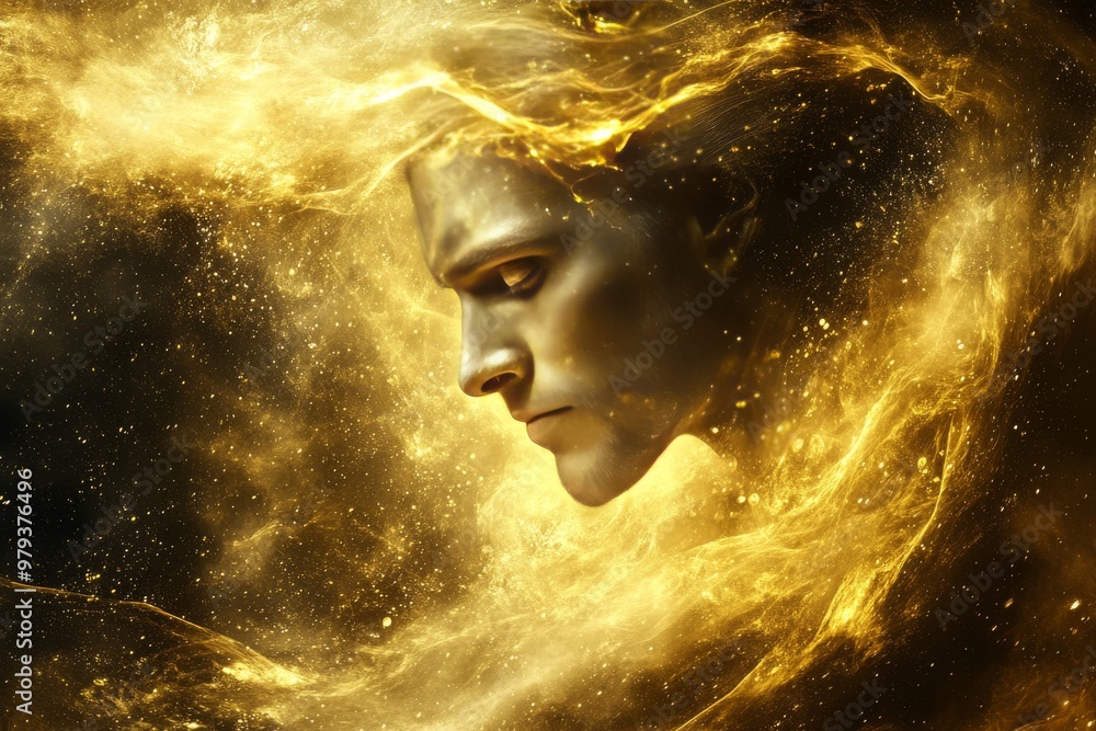 Abstract human profile enveloped in golden cosmic particles symbolizing the connection between the cosmos human consciousness and creative imagination in a surreal and celestial environment Abstract human profile enveloped in golden cosmic particles symbolizing the connection between the cosmos human consciousness and creative imagination in a surreal and celestial environment