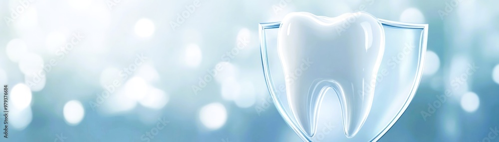 Tooth surrounded by shield on blurred background with bokeh, banner, tooth protection concept Tooth surrounded by shield on blurred background with bokeh, banner, tooth protection concept