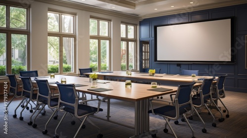 A versatile grand conference room configured for a large-scale workshop or training session, featuring movable tables and chairs, interactive digital tools, 