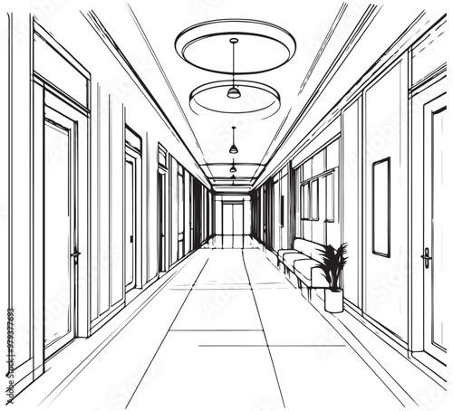 Corridor lobby graphic black white interior sketch illustration vector, hallway