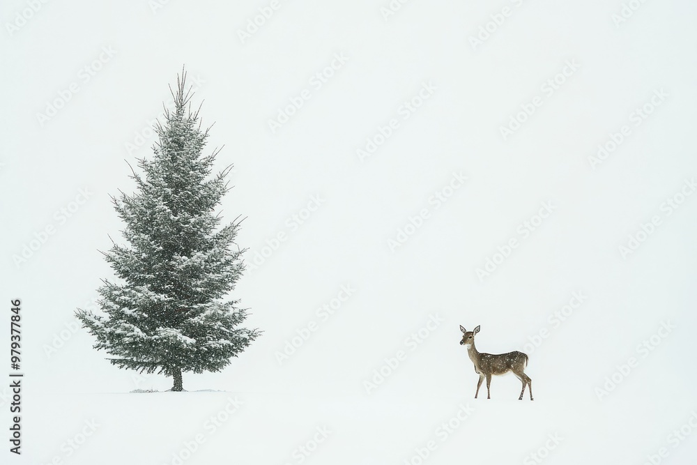 A lone deer stands in the snow with a snow-covered evergreen tree in the background.