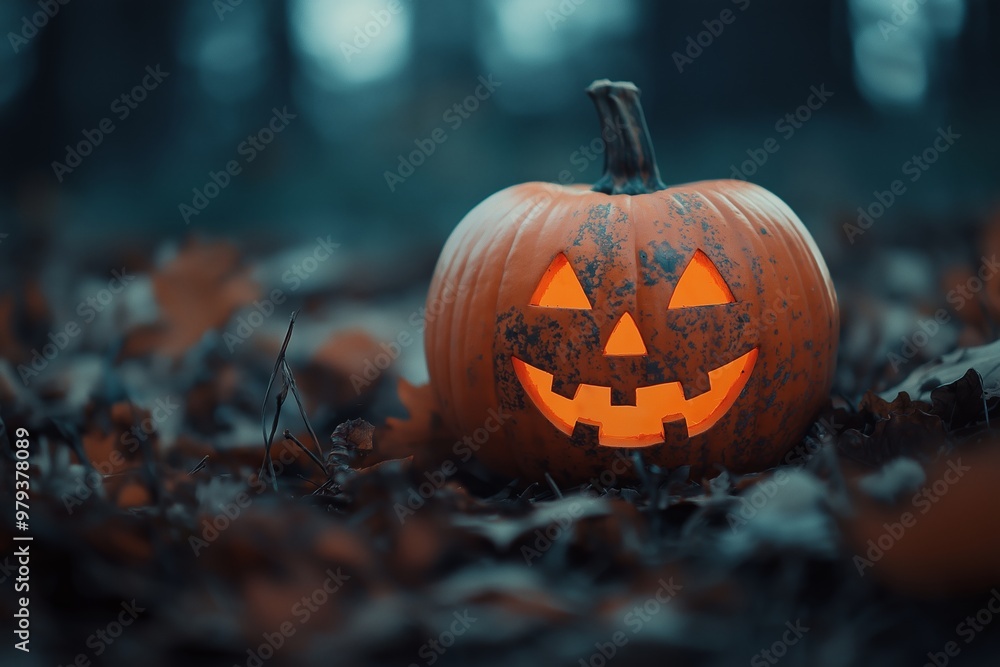 A glowing Jack-o-lantern pumpkin placed on a ground covered with fallen autumn leaves, creating a spooky ambiance. A glowing Jack-o-lantern pumpkin placed on a ground covered with fallen autumn leaves, creating a spooky ambiance.