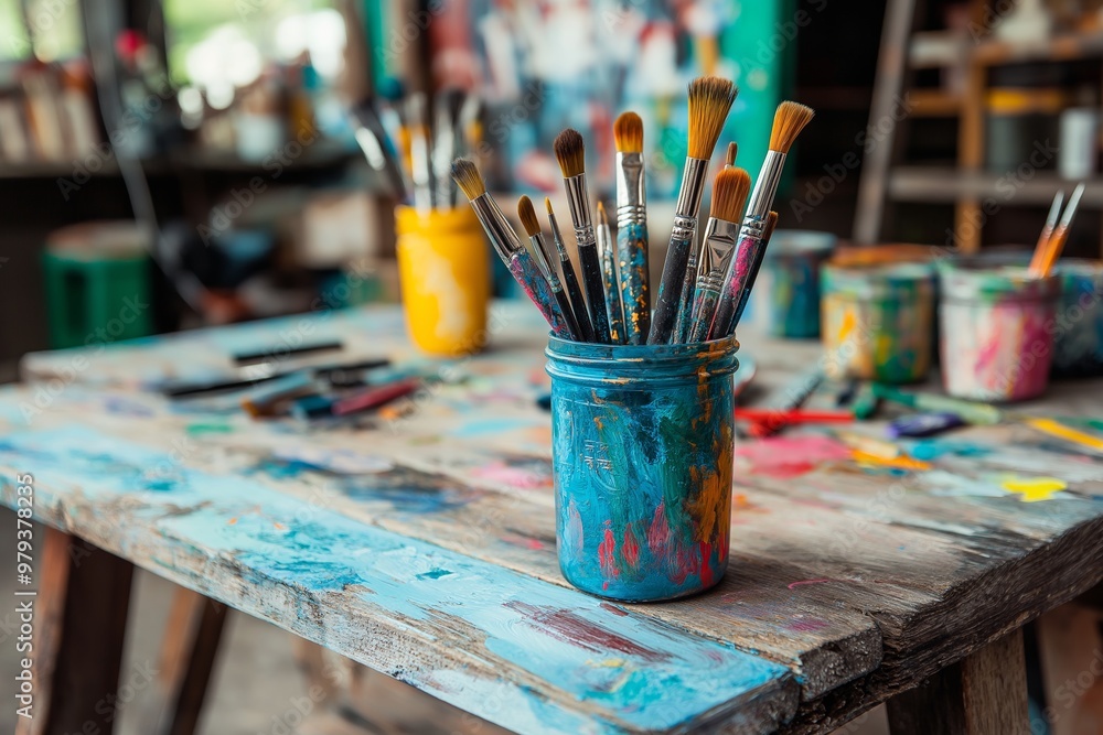 Paintbrushes filled with colors stand in a jar placed on a painted wooden table inside an atmospheric art studio. Paintbrushes filled with colors stand in a jar placed on a painted wooden table inside an atmospheric art studio.