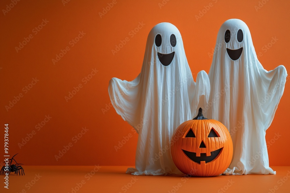 Playful ghosts and a pumpkin create a fun Halloween vibe, perfect for festive promotions and events. Ideal for party invitations and decorations with copy space. Playful ghosts and a pumpkin create a fun Halloween vibe, perfect for festive promotions and events. Ideal for party invitations and decorations with copy space.