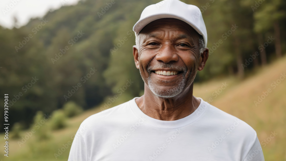 Senior black man wearing white t-shirt and white baseball cap standing in nature Senior black man wearing white t-shirt and white baseball cap standing in nature
