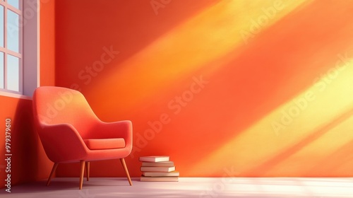A chair and books in an orange room with a window, AI