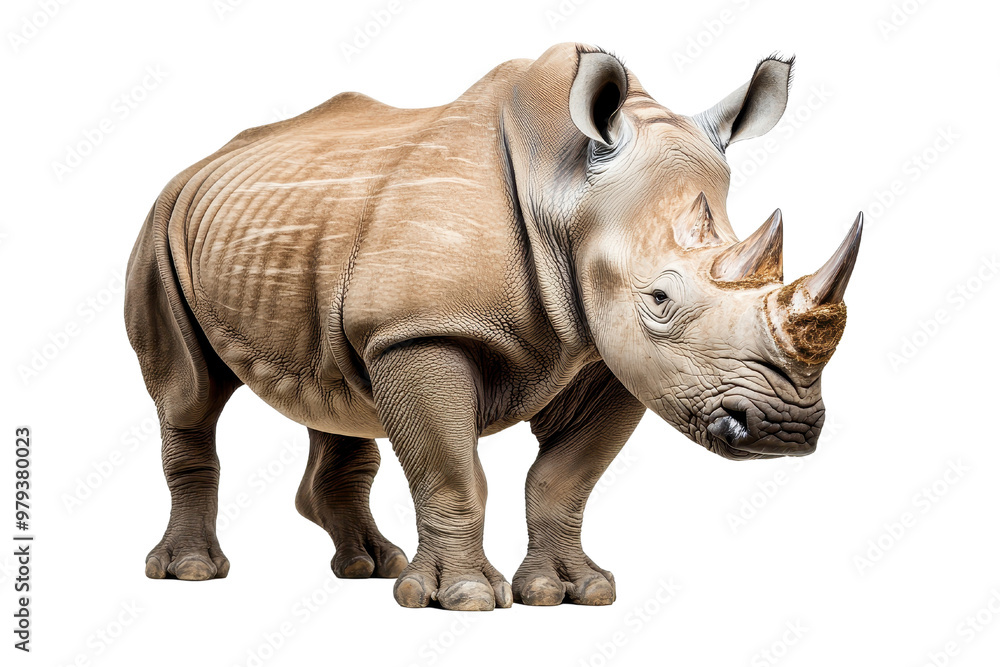 Obraz premium A detailed and lifelike depiction of a rhinoceros in a natural stance, showcasing its unique features and sturdy build, transparent background.