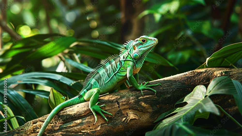 Vibrant green iguana basking on a log surrounded by lush tropical foliage in a serene rainforest setting Vibrant green iguana basking on a log surrounded by lush tropical foliage in a serene rainforest setting