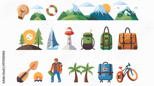 Flat Vector Tourism and Vacation Icons Set Isolated on White Background