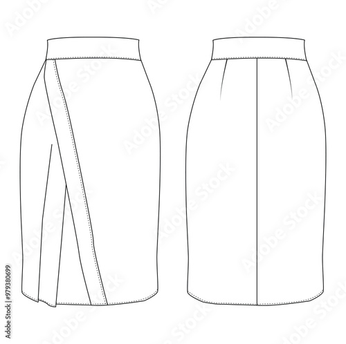 Skirt eight gore technical fashion illustration Fashion technical drawing of A-line skirt. Skirt fashion flat template.