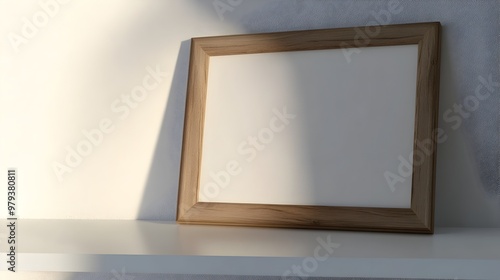 Wooden Frame on Clean White Shelf with Natural Lighting